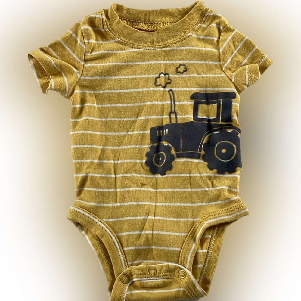 Carter’s Onesie 3 Months Yellow with White Stripes and Tractor Detail